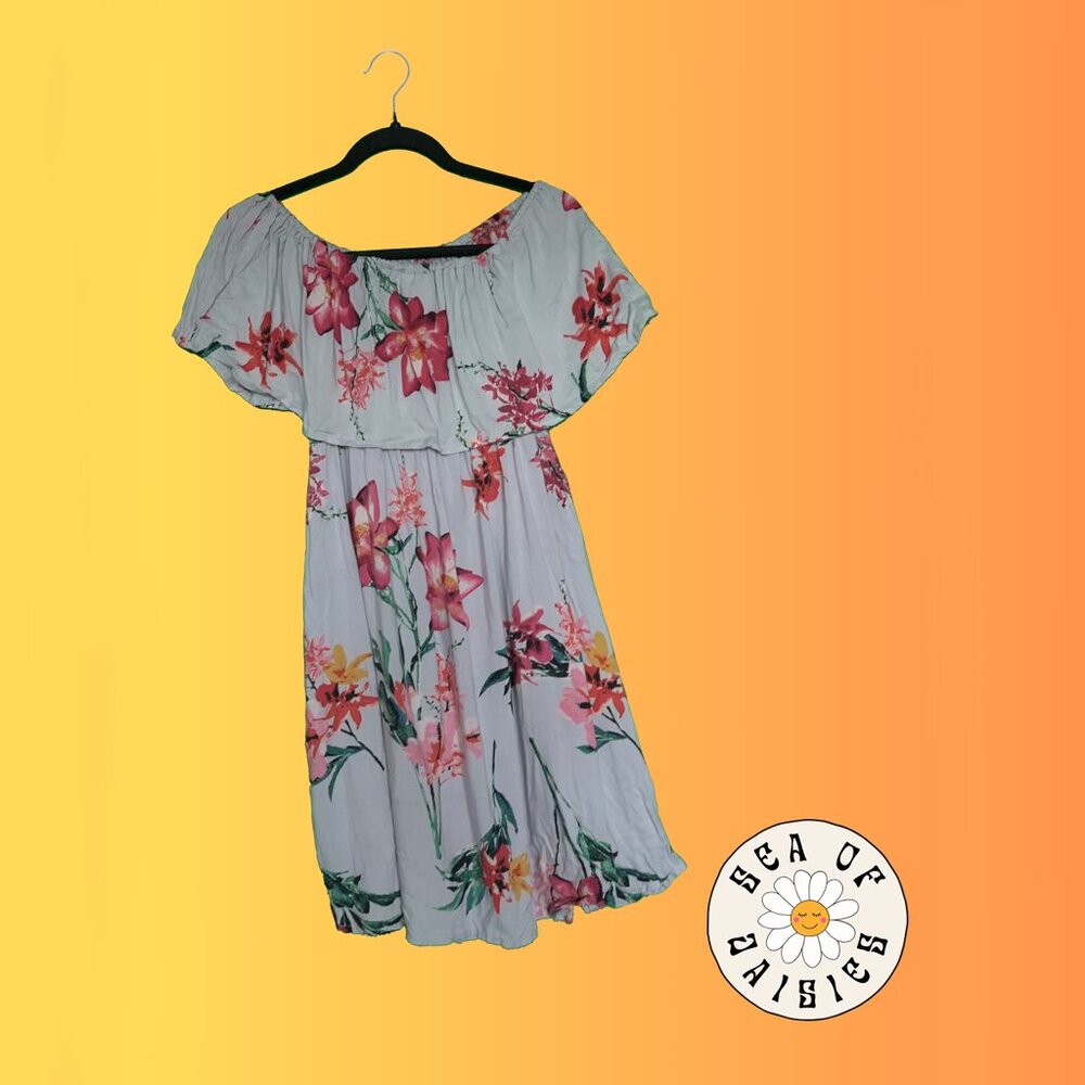 Chloe and June Off-Shoulder Comfy Sky Blue Floral Dress Size S/M